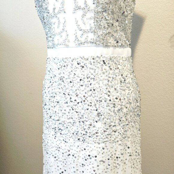 Adrianna Papell Formal White Silver Sequin Evening Gown Size 4 Beaded Illusion - Picture 5 of 14